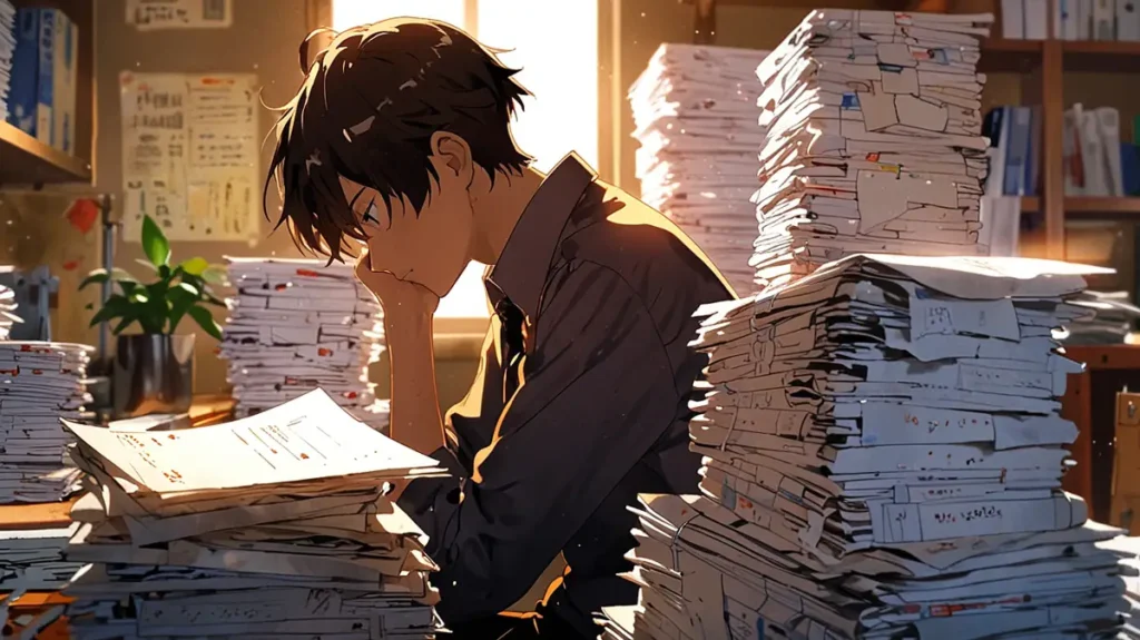the-apothecarys-soliloquy-publication-interval-man-working-beside-stacks-of-documents