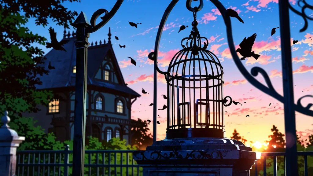 the-black-butler-hiatus-impact-empty-birdcage-and-western-mansion-at-dusk