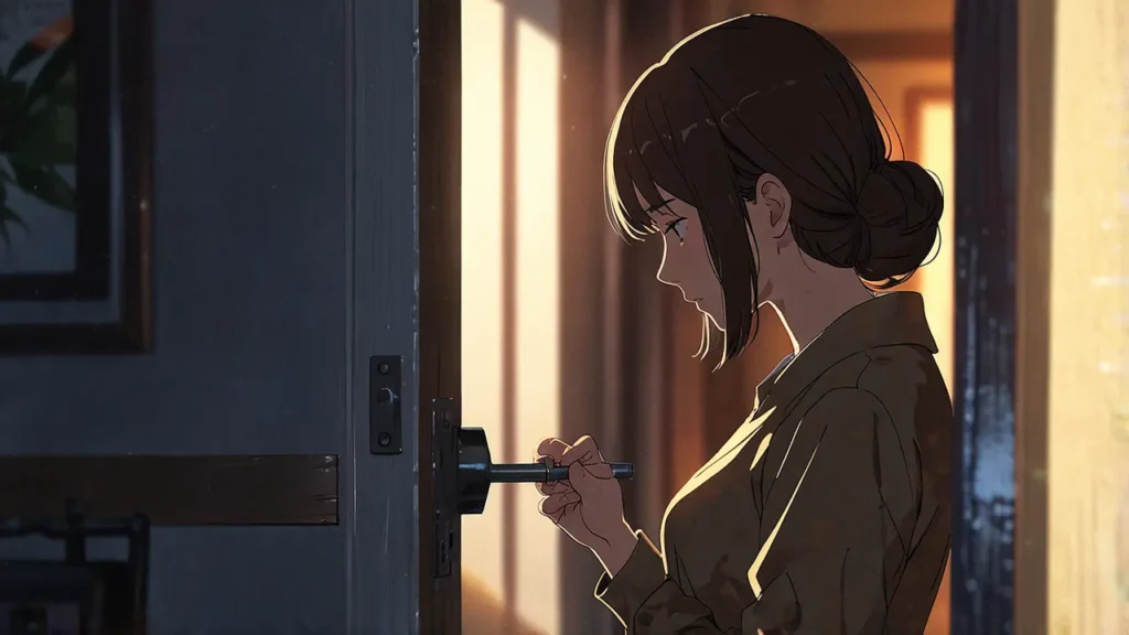 the-tears-for-withered-flowers-korean-age-rating-woman-pausing-with-her-hand-on-a-door-handle