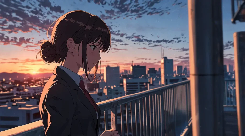 the-beautiful-evening-moon-volume-release-date-list-girl-on-a-rooftop-at-sunset