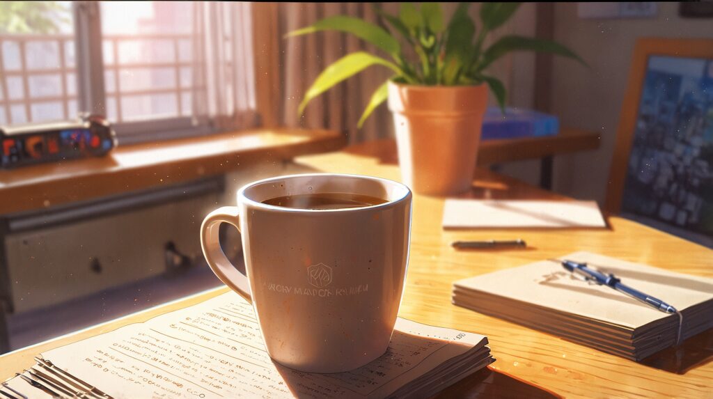 the-uruwashi-no-yoi-no-tsuki-chapter-count-half-read-book-and-a-mug-on-a-sunlit-desk