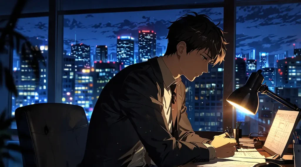 the-yaribu-service-check-man-working-at-a-desk-by-a-night-city-window