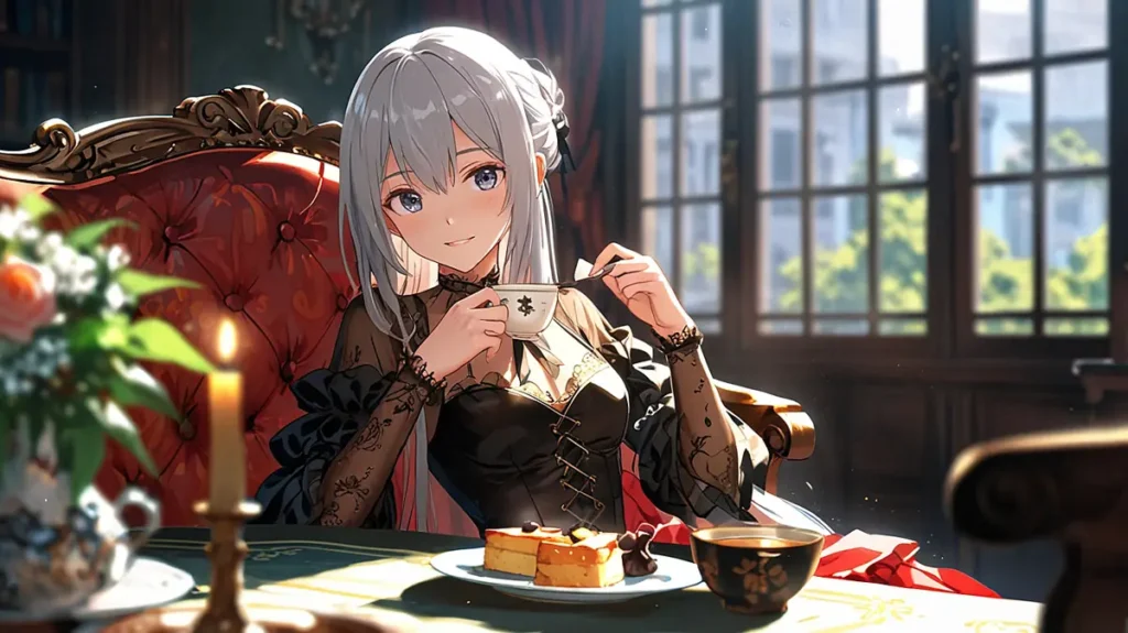 yomei-wazuka-no-wakiyaku-reijou-where-to-check-announcements-lady-having-tea-by-a-sunlit-window