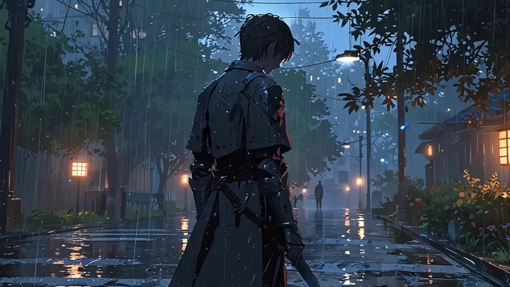 the-four-knights-apocalypse-jade-unspoken-feelings-knight-walking-alone-in-rain
