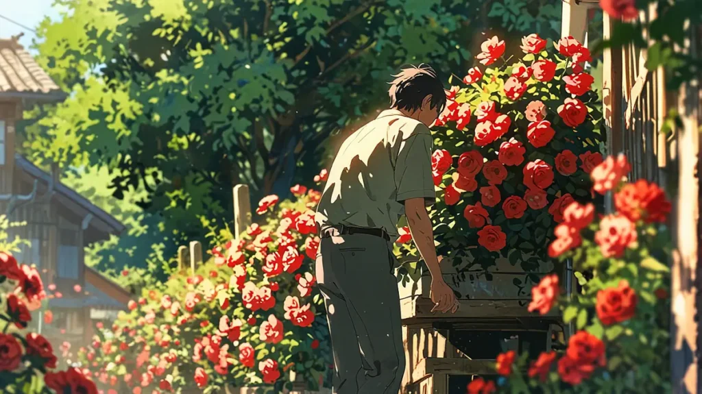 the-cry-or-better-yet-beg-bill-and-kyle-gardener-tending-red-roses-in-sunlight