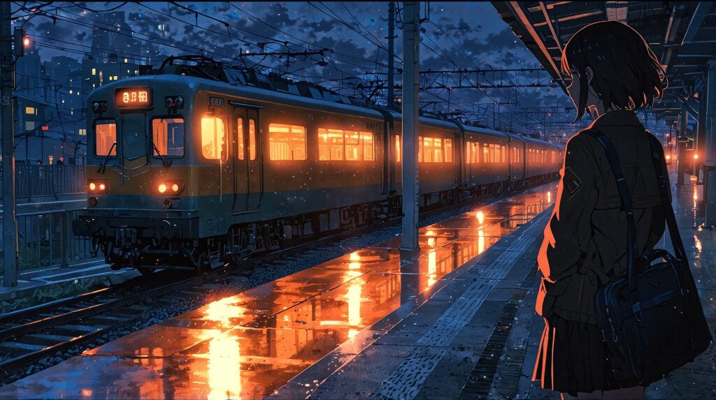 uruwashi-no-yoi-no-tsuki-hiatus-check-student-waiting-on-a-rainy-station-platform-at-night