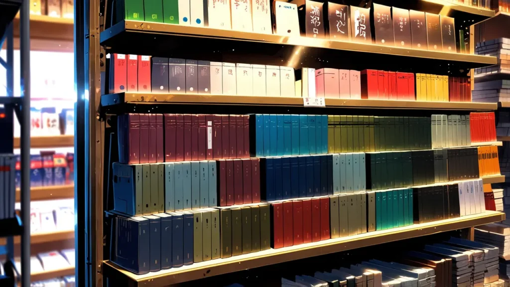 uruwashi-no-yoi-no-tsuki-total-price-colorful-comic-spines-lined-up-on-store-shelves
