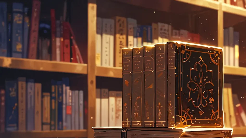 yomei-wazuka-no-wakiyaku-reijou-original-novel-and-korean-edition-ornate-books-lined-up-on-a-shelf