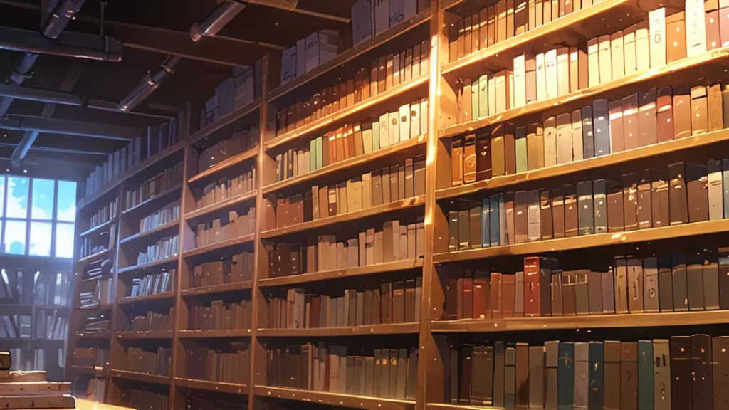yomei-wazuka-no-wakiyaku-reijou-name-spelling-differences-tall-bookshelves-filled-with-old-volumes