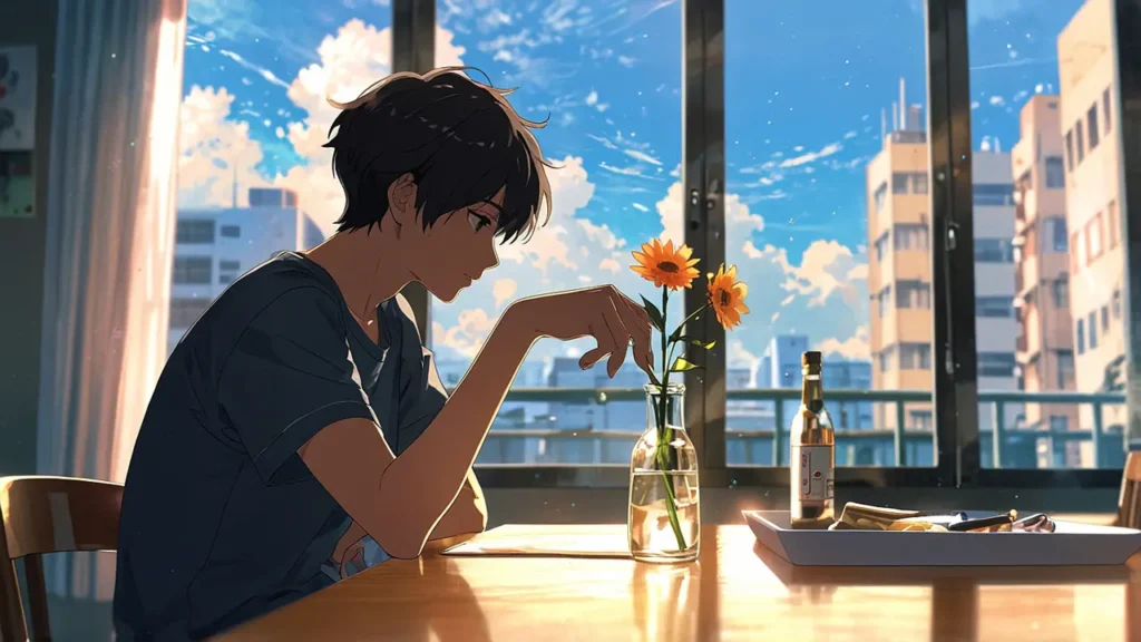 the-tears-for-withered-flowers-line-manga-young-man-placing-a-flower-by-a-bright-window