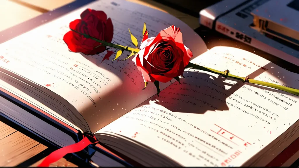 the-cry-or-better-yet-beg-manga-progress-open-book-with-a-red-rose-marking-the-page