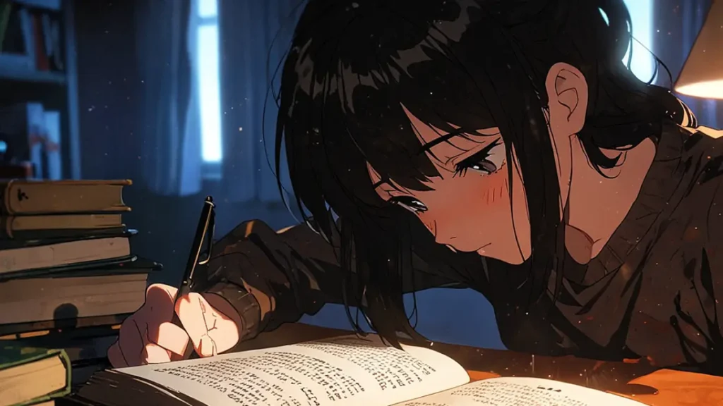 yomei-wazuka-no-wakiyaku-reijou-episode-and-volume-numbers-girl-writing-at-a-desk-piled-with-books