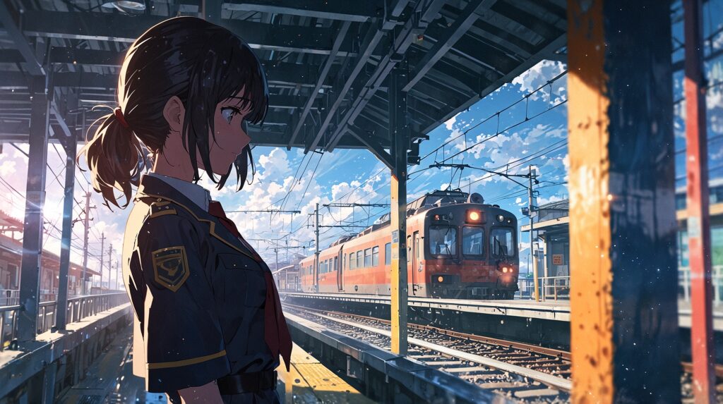 the-uruwashi-no-yoi-no-tsuki-chapter-44-release-schoolgirl-watching-a-train-leave-the-platform