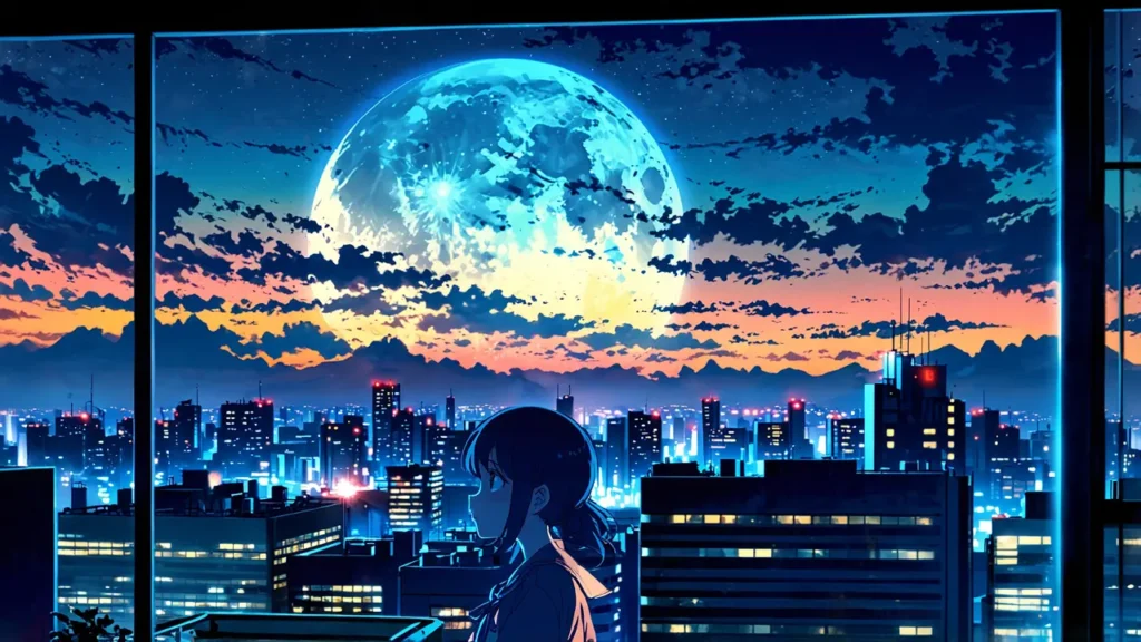uruwashi-no-yoi-no-tsuki-ending-theory-large-evening-moon-rising-over-a-city-skyline