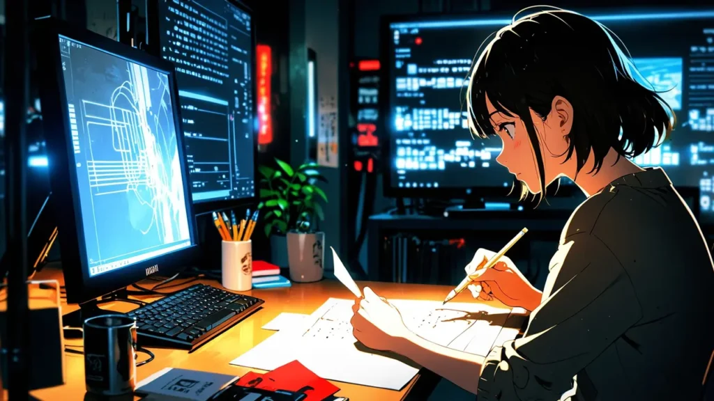 uruwashi-no-yoi-no-tsuki-anime-data-desk-with-monitors-and-a-person-taking-notes