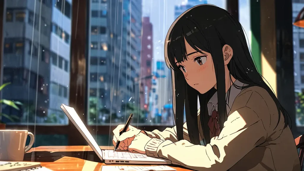the-beautiful-evening-moon-long-hair-episode-woman-with-long-black-hair-at-a-desk-by-a-window