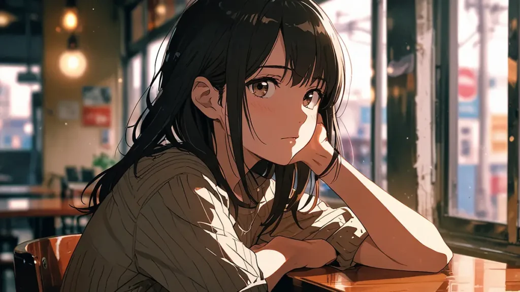 the-beautiful-evening-moon-thirteen-listings-explained-girl-thinking-in-a-night-cafe