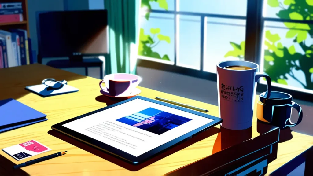 the-nihon-sangoku-first-time-coupon-tablet-and-coffee-on-a-sunlit-desk