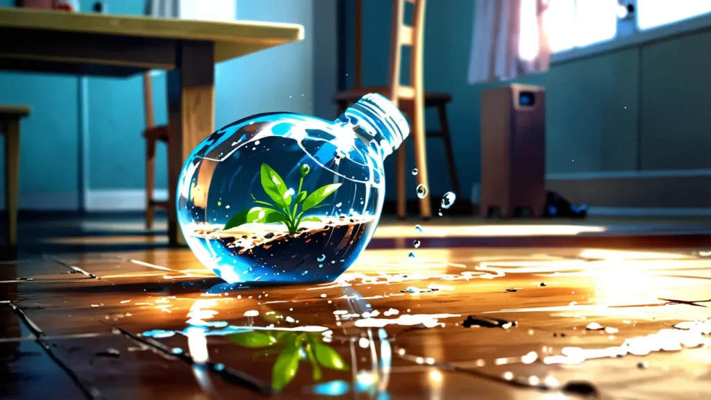 uruwashi-no-yoi-no-tsuki-coupon-pitfall-tipped-glass-bottle-with-water-spilled-on-the-floor