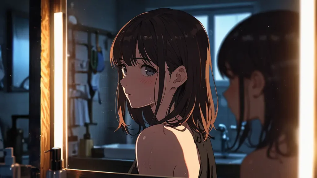 the-uruwashi-no-yoi-no-tsuki-hirate-yurina-not-cast-young-woman-checking-her-reflection-in-a-mirror