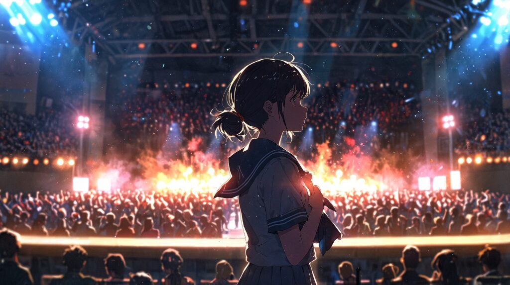 the-uruwashi-no-yoi-no-tsuki-school-festival-student-standing-before-a-large-lit-audience