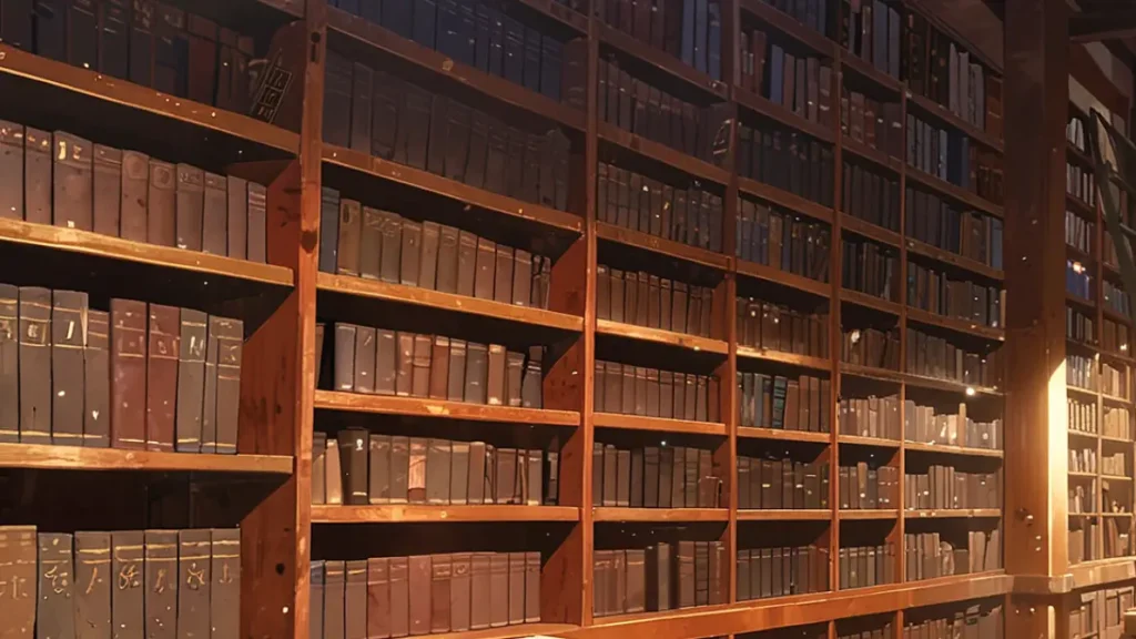 yomei-wazuka-no-wakiyaku-reijou-japanese-novel-release-status-tall-wooden-shelves-filled-with-books