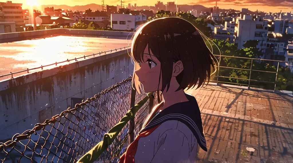 uruwashi-no-yoi-no-tsuki-second-purchase-schoolgirl-looking-over-a-rooftop-at-sunset