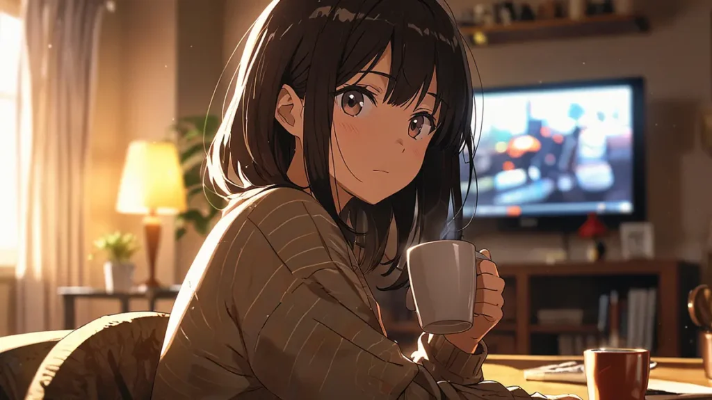 the-uruwashi-no-yoi-no-tsuki-similar-anime-woman-holding-a-mug-while-watching-a-screen-at-home