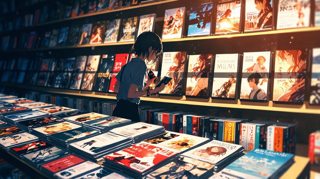 the-uruwashi-no-yoi-no-tsuki-dessert-magazine-issues-girl-browsing-a-magazine-rack-in-a-bookstore