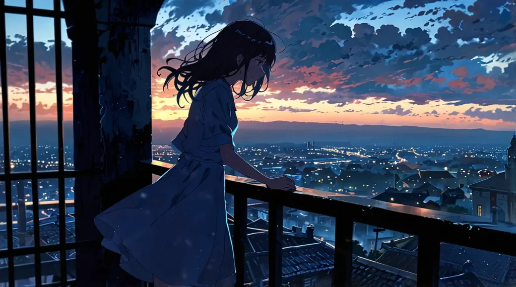 yomei-wazuka-no-wakiyaku-reijou-weekly-update-days-girl-in-blue-on-a-balcony-at-dusk