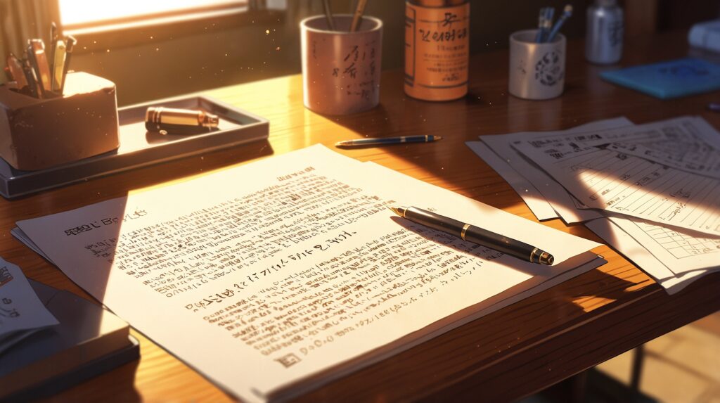 the-uruwashi-no-yoi-no-tsuki-study-abroad-documents-and-a-fountain-pen-on-a-sunlit-desk
