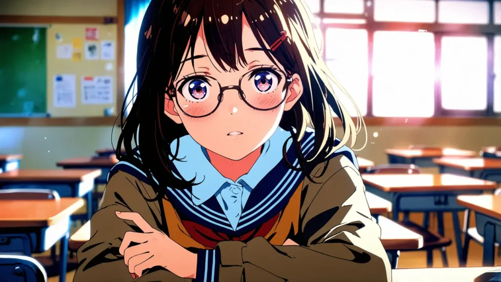 uruwashi-no-yoi-no-tsuki-split-scores-girl-with-round-glasses-looking-puzzled-in-class