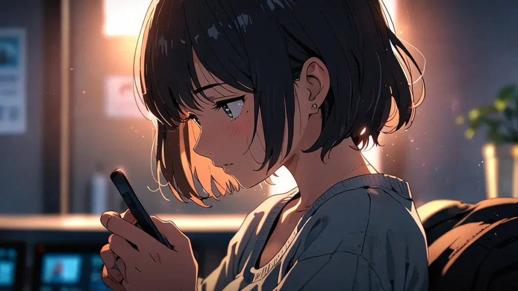 the-beautiful-evening-moon-ebook-binge-reading-girl-looking-at-her-smartphone