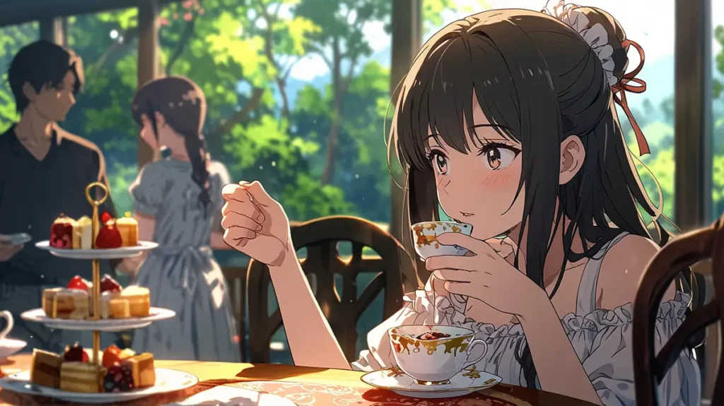 yomei-wazuka-no-wakiyaku-reijou-kakaopage-korean-edition-two-women-having-tea-in-a-sunny-garden