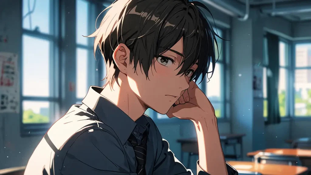 the-beautiful-evening-moon-ryukun-nickname-boy-in-uniform-thinking-in-a-classroom