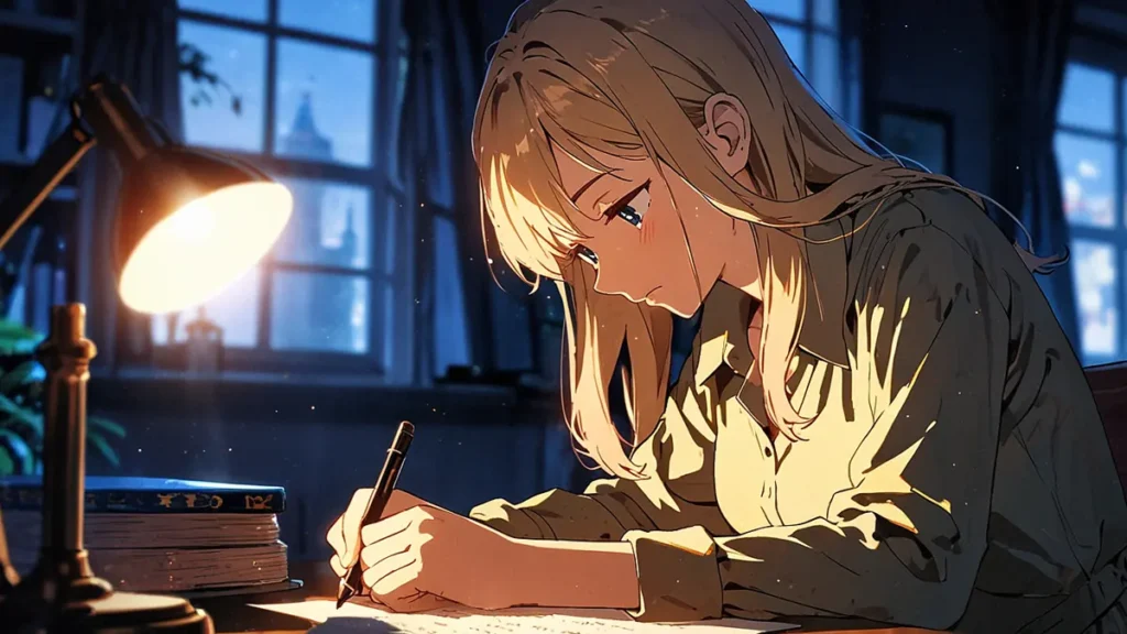 the-yomei-wakiyaku-reijou-episode-count-woman-reading-a-letter-under-a-desk-lamp