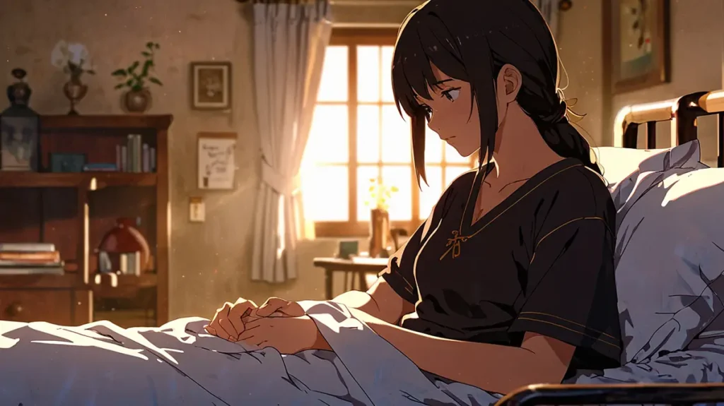 yomei-wazuka-no-wakiyaku-reijou-house-physician-nocturne-woman-sitting-beside-a-sickbed