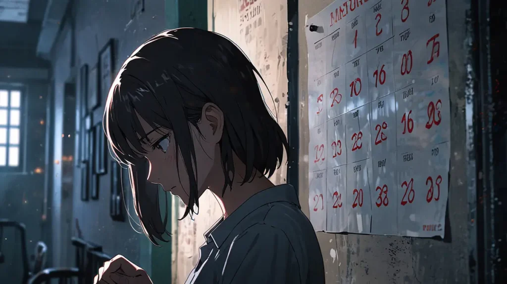 yomei-wazuka-no-wakiyaku-reijou-checking-the-next-update-woman-looking-at-a-wall-calendar