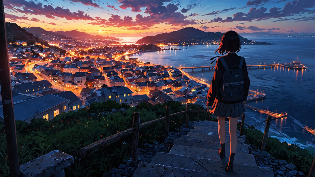 uruwashi-no-yoi-no-tsuki-three-possible-endings-student-looking-down-at-a-harbor-town-from-a-hill