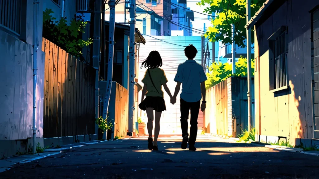 the-uruwashi-no-yoi-no-tsuki-similar-anime-two-students-holding-hands-while-walking-down-an-alley