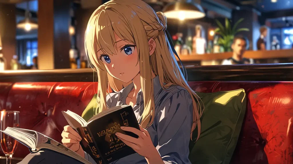 yomei-wazuka-no-wakiyaku-reijou-english-novel-on-tapas-blonde-woman-reading-a-hardcover-book-on-a-sofa