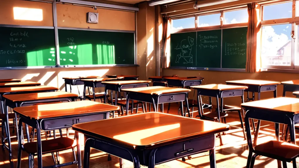 the-uruwashi-no-yoi-no-tsuki-reread-guide-empty-after-school-classroom-in-orange-evening-light