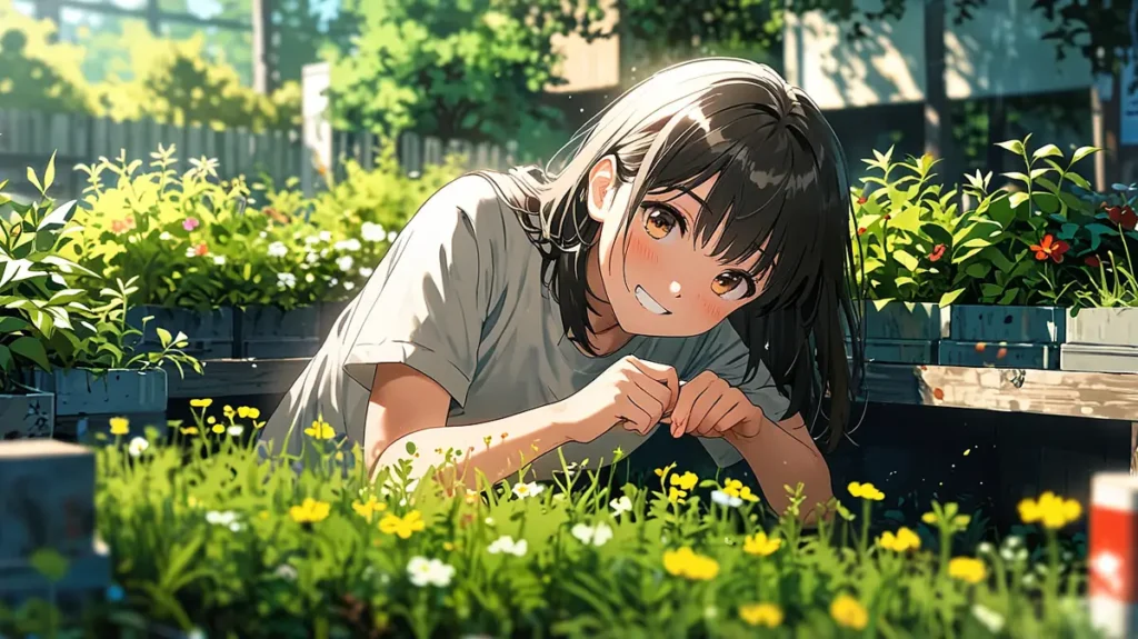 the-beautiful-evening-moon-volume-11-summary-girl-smiling-in-a-flower-garden