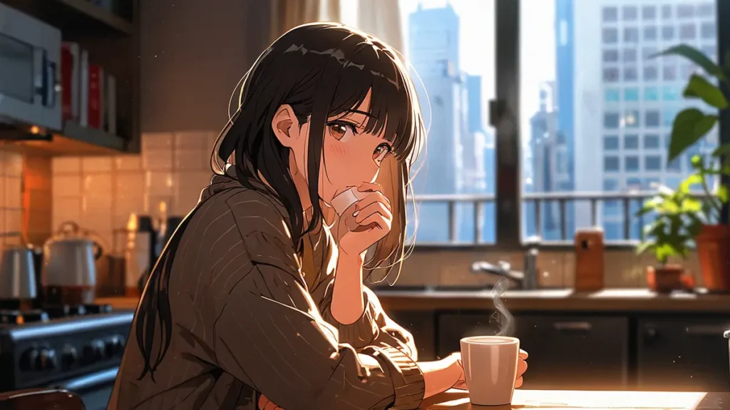uruwashi-no-yoi-no-tsuki-faq-woman-thinking-with-a-coffee-cup-by-the-window