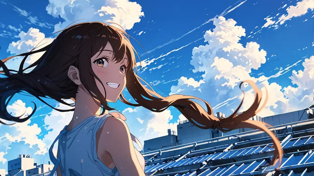 the-uruwashi-no-yoi-no-tsuki-similar-anime-girl-smiling-on-a-rooftop-under-a-clear-blue-sky