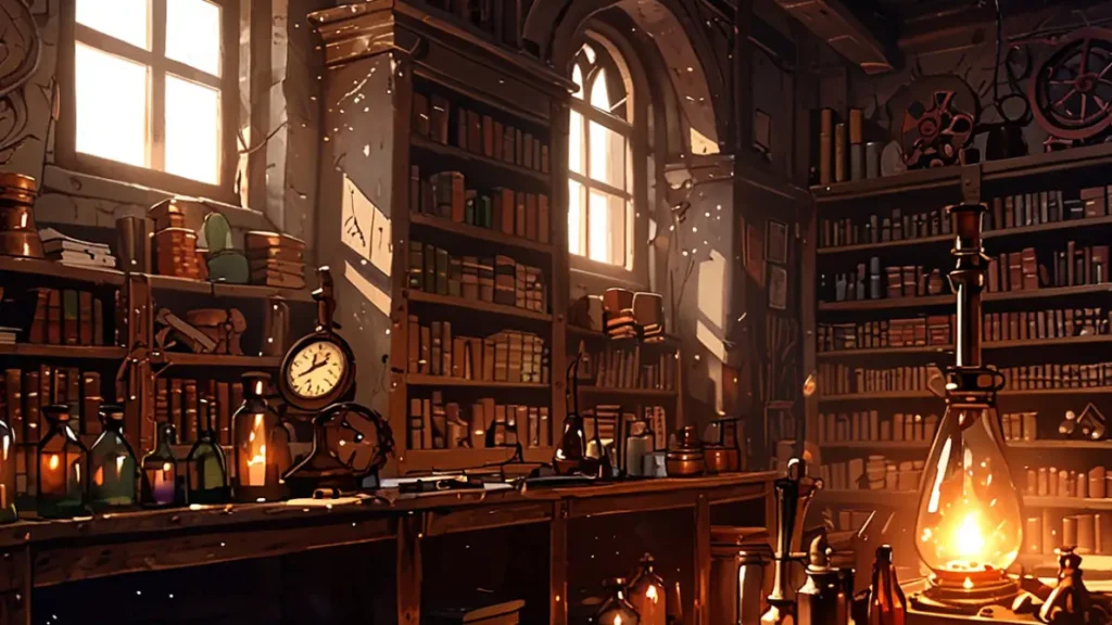 yomei-wazuka-no-wakiyaku-reijou-comics-up-to-volume-three-study-room-lined-with-books-and-tools
