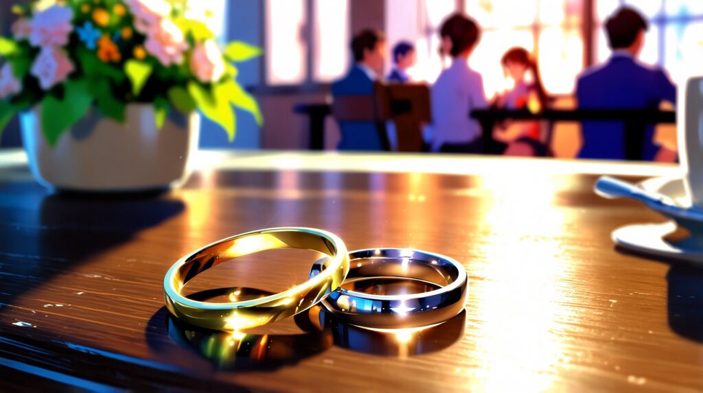 uruwashi-no-yoi-no-tsuki-marriage-question-two-wedding-rings-placed-on-a-cafe-table