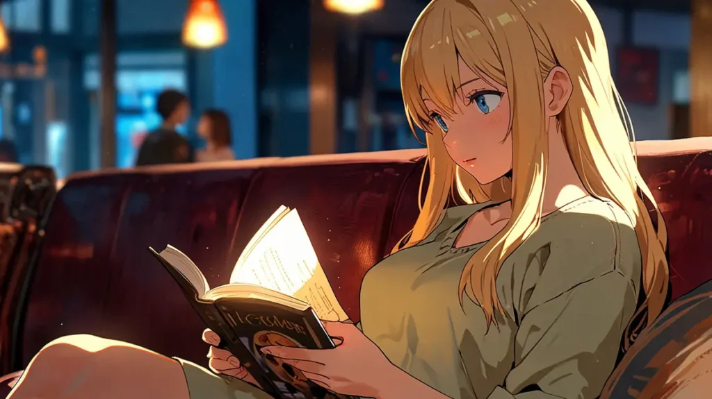yomei-wazuka-no-wakiyaku-reijou-binge-reading-options-woman-reading-a-book-on-a-red-sofa