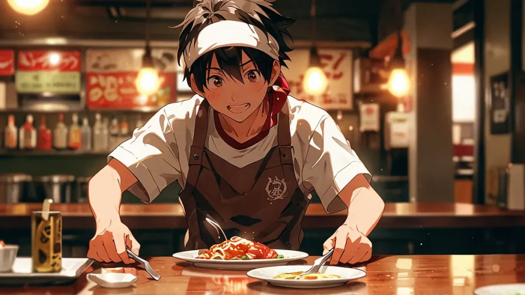 the-beautiful-evening-moon-love-rival-part-time-boy-serving-a-dish-at-a-counter