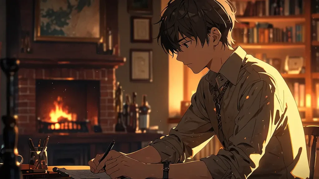 yomei-wazuka-no-wakiyaku-reijou-ferior-investigation-man-writing-at-a-desk-by-a-fireplace